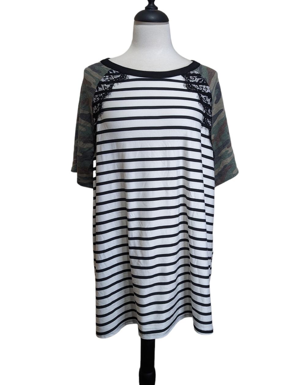 Lilypad Mixed Media Camo Lace Striped Short Sleeve Top Size 3XL